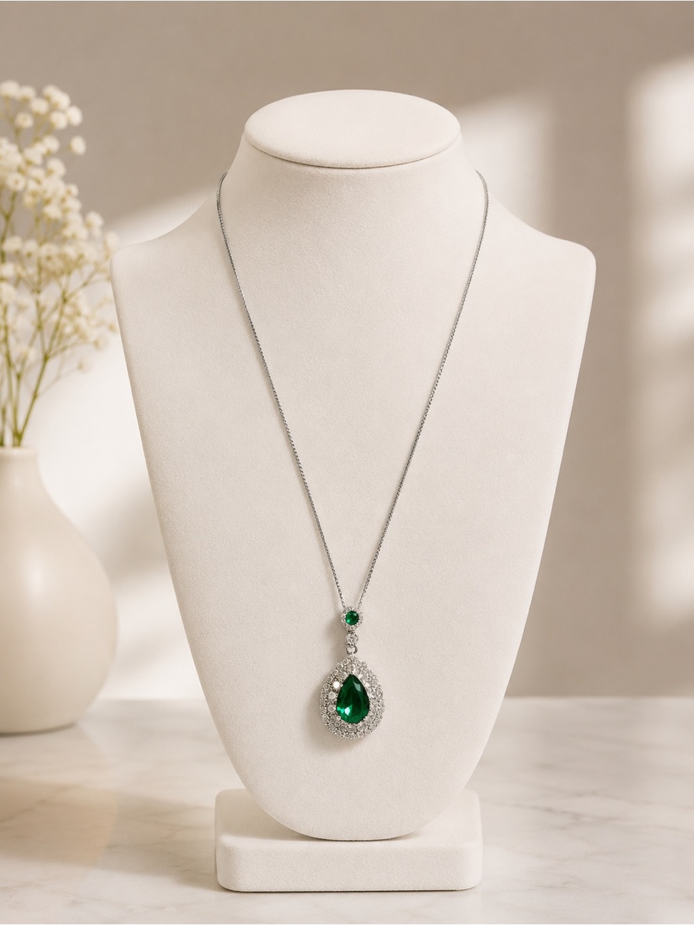 Emerald Teardrop Pendant Necklace - Silver